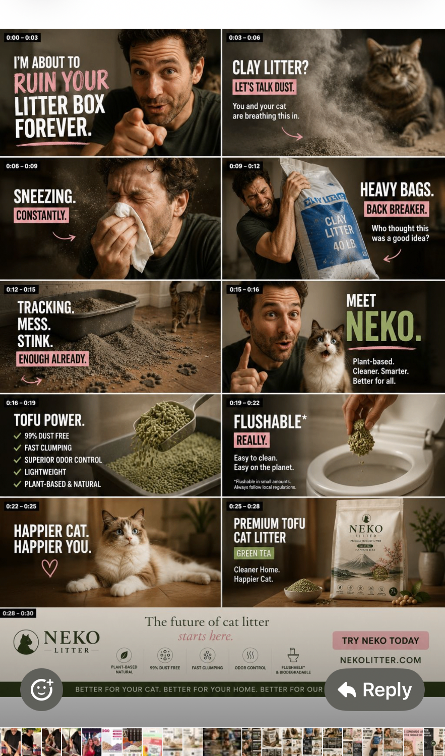 Storyboard-style NEKO ad showing tofu litter scooping cleanly, pouring easily, and replacing messy clay litter scenes