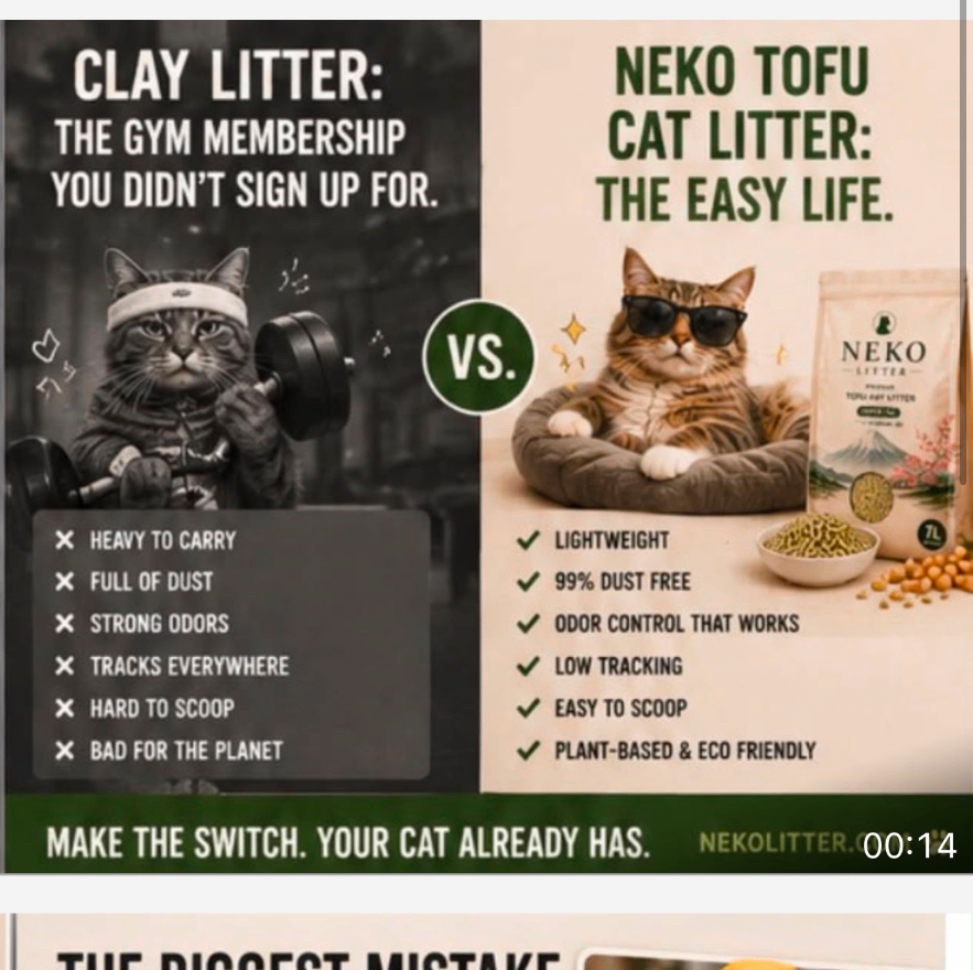Side-by-side ad contrasting heavy clay litter like a gym workout with relaxed NEKO tofu litter life