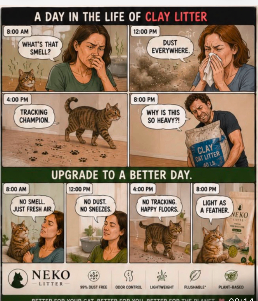 Comic-style before-and-after showing dusty clay litter versus fresh, dust-free NEKO litter moments throughout the day