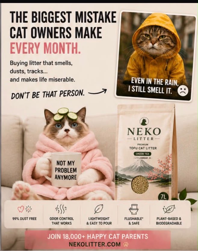 Funny NEKO ad about the biggest mistake cat owners make every month, featuring a cat in a yellow raincoat complaining about lingering smell
