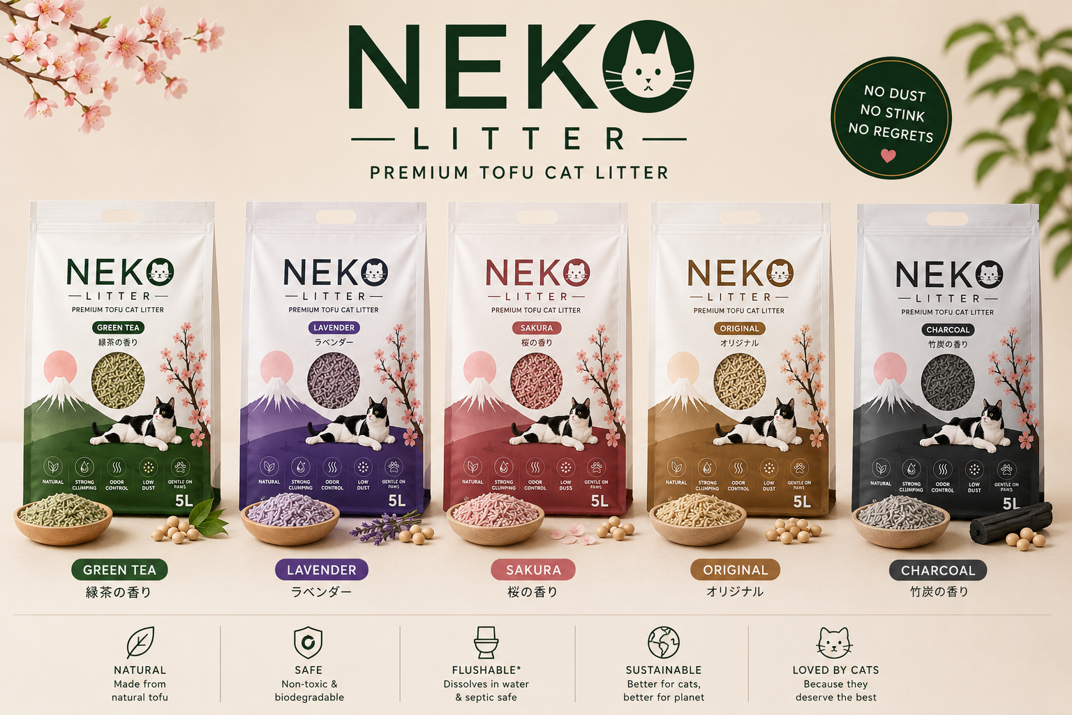 NEKO Litter flavor lineup showing five 7L bags side by side: Green Tea, Lavender, Sakura, Original, and Charcoal tofu cat litter.