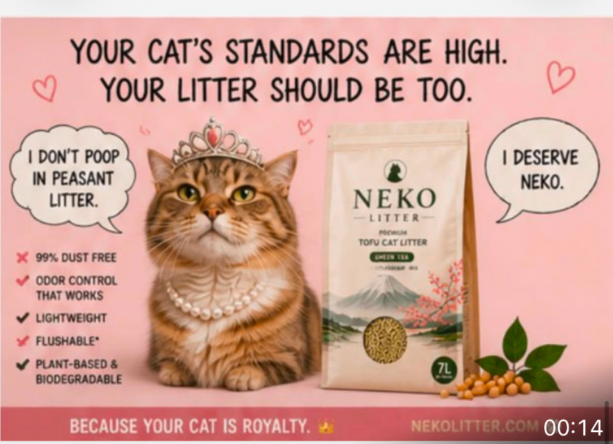 A tabby cat in a tiara beside a NEKO litter bag with text saying your cat's standards are high