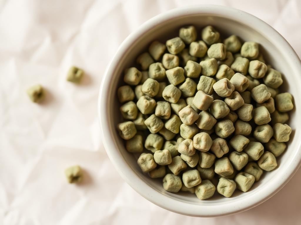 Green tea tofu litter pellets in a ceramic bowl